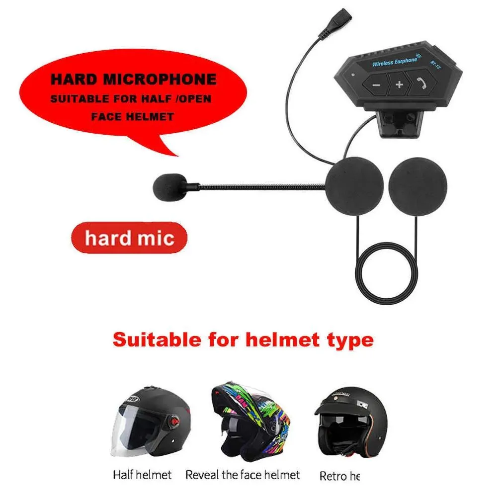 Car Other Auto Electronics New Bt-12 Anti-Interference Bluetooth Motorcycle Helmet Headset Wireless Headphone Speaker Hands- Intercom Dhvtp