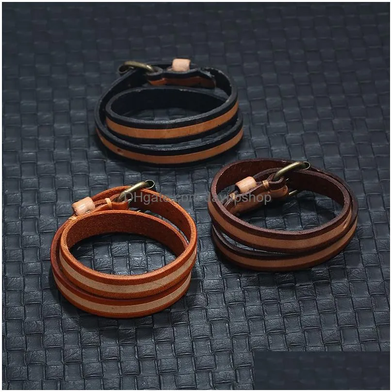Bangle Stripe Leather Bangle Cuff Pin Buckle Adjustable Mtilayer Wrap Bracelet Wristand For Men Women Will And Sandy Fashion Jewelry Dh6Jh