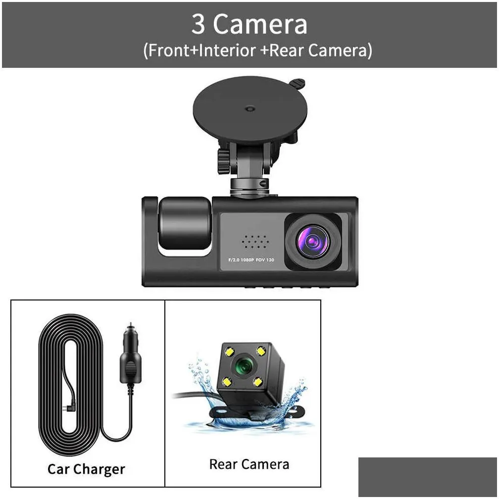 Car Dvrs New 3 Channel Car Dvr Hd 1080P 3-Lens Inside Vehicle Dash Camthree Way Camera Dvrs Recorder Video Registrator Dashcam Camcord Dhj2C