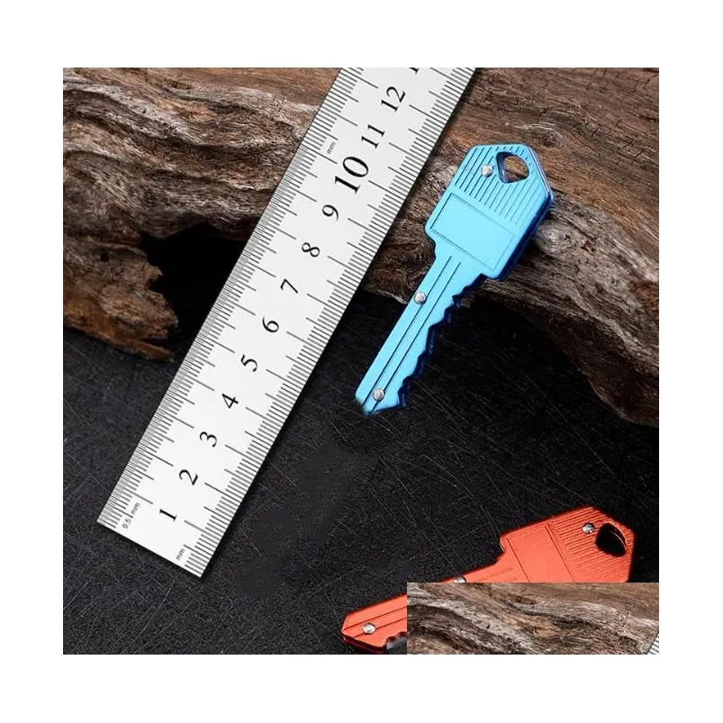 10 colors mini folding knife keychain outdoor gadgets key shape pocket fruit knifes multifunctional tool key chain saber swiss self-defense