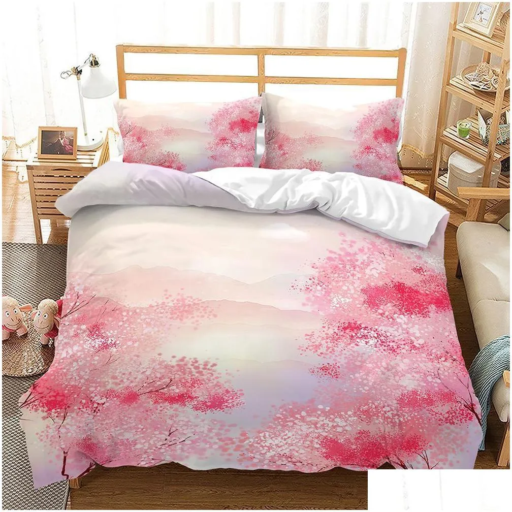 Bedding Sets Cherry Blossoms Duvet Er Kingqueen Size Japanese Sakura Tree Pink Floral Spring Vintage Ctural Set For Drop Delivery Dhkji