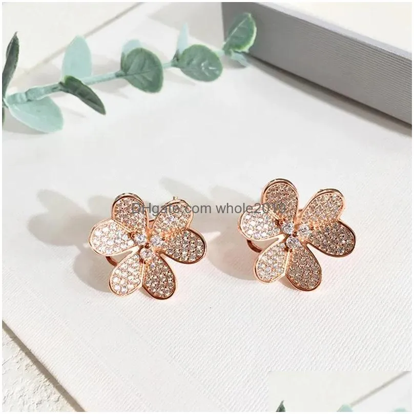 Clip-On & Screw Back Clip-On Screw Back Cute Fashion Pave Top Cz Crystals Clovers Flower Style 3 Gold Color Needle Clip Earring For W Dhea3