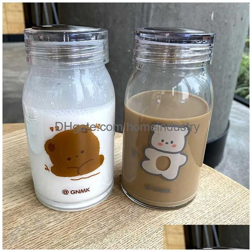 Water Bottles 450Ml Cartoon Bear Glass Water Bottle Thick Heat Resistance Drinking Bottles Cute Milk Coffee Tumblers For Student Girl Dheit