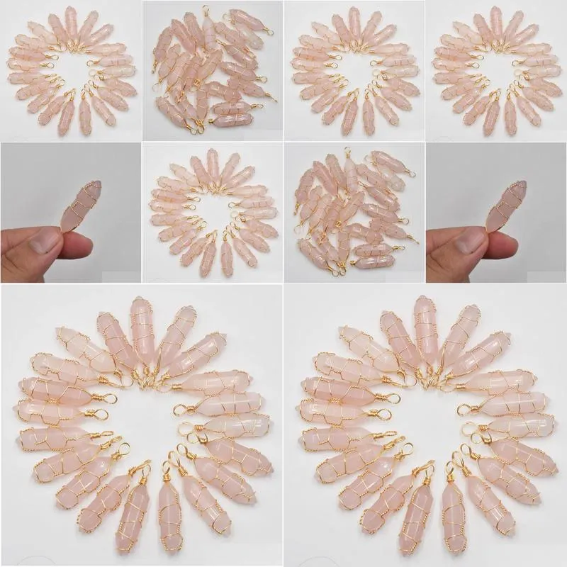 Charms Wire Wrap Natural Stone Rose Quartz Shape Charms Point Chakra Pendants For Jewelry Making Wholesale Handmade Drop Delivery Jewe Dhjpl