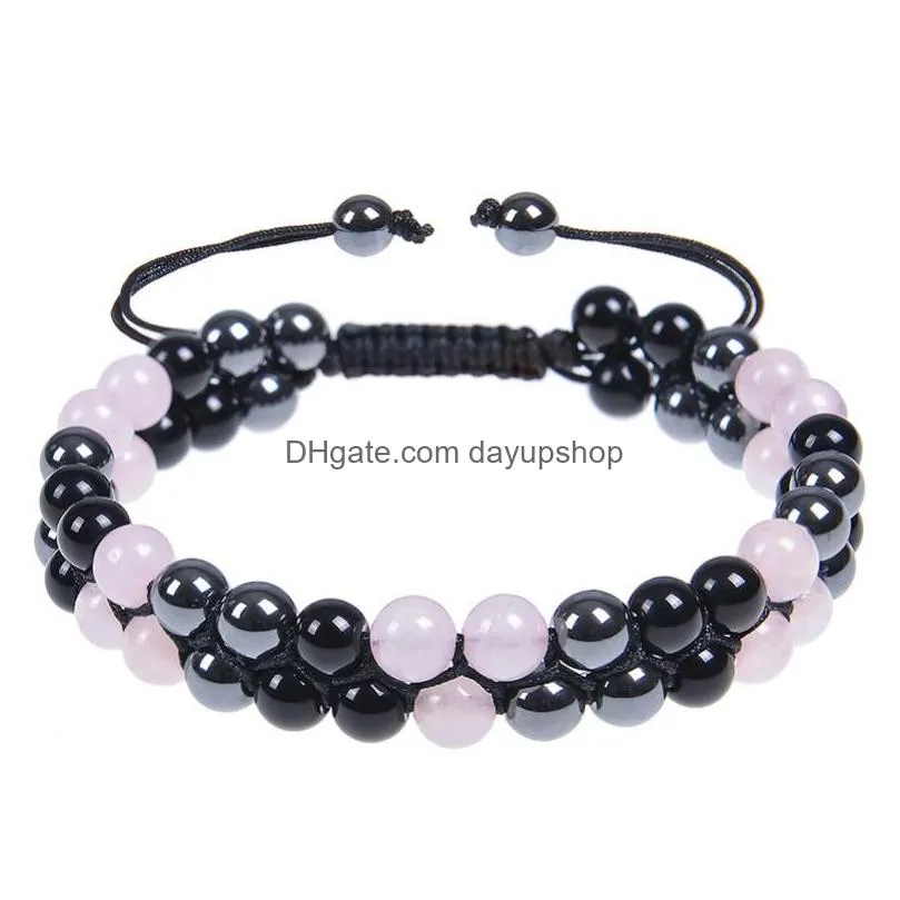Chain 6Mm 8Mm Rose Quartz Hematite Obsidian Double Layer Braided Bracelet Natural Stone Crystal Couple Adjustable Bracelets Bangle Cu Dhi8Z