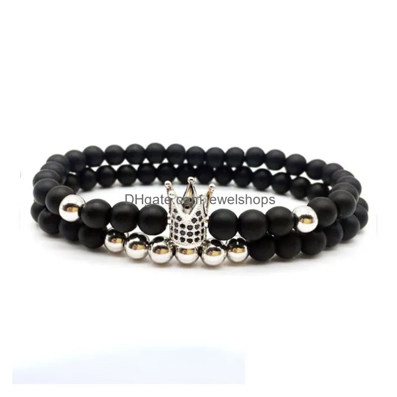 Beaded 6Mm Crown King Charm Strands Beads Bracelet Set For Men Women Black Natural Stone Elastic Adjustable Bangle Couple Jewelry Gif Dhvsp