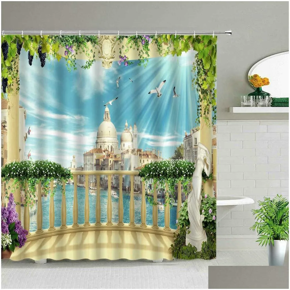 Shower Curtains Window Outside Forest Bridge Spring Landscape Creativity Shower Curtain Zen Stone Tree Building Scenery Cloth Curtains Dhdrg