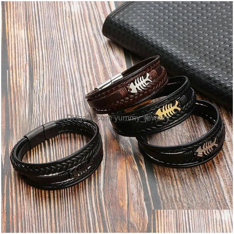 Charm Bracelets Mens Stainless Steel Magnetic Clasp Fish Bone Bracelet Brown Mti Layer Genuine Braided Leather Bracelets Bangle Cuff Dhzm3