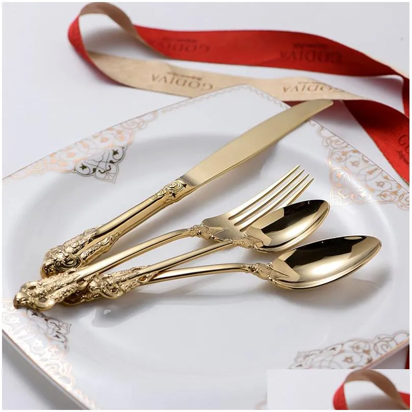 Dinnerware Sets Vintage Western Gold Plated Cutlery Tableware Set 24Pcs Dining Knives Forks Teaspoons Golden Luxury Dinnerware Sets En Dhu0J