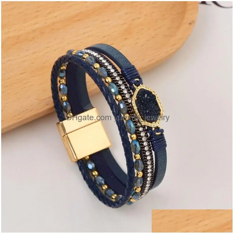 Chain Leather Mti-Layer Wrap Diamond Bracelet Women Stainless Steel Magnetic Buckle Crystal Bracelets Bangle Cuff Jewelry Drop Delive Dhndn