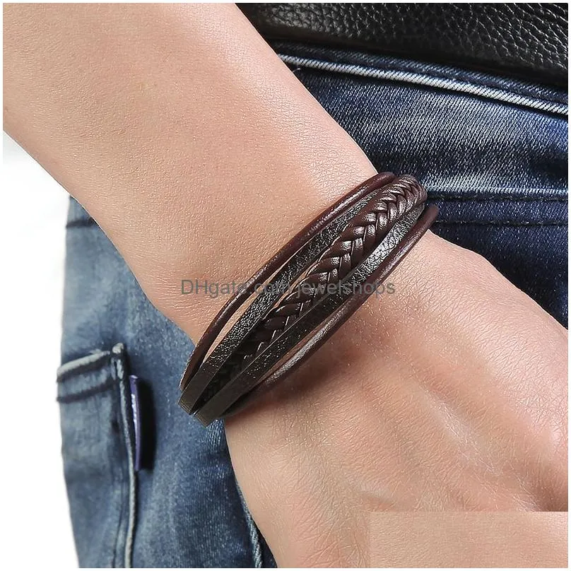 Charm Bracelets New Classic Mti Layer Leather Bracelet For Men Vintage Braided Rope Wristband Magnetic Clasp Mens Fashion Jewelry Gif Dhnka