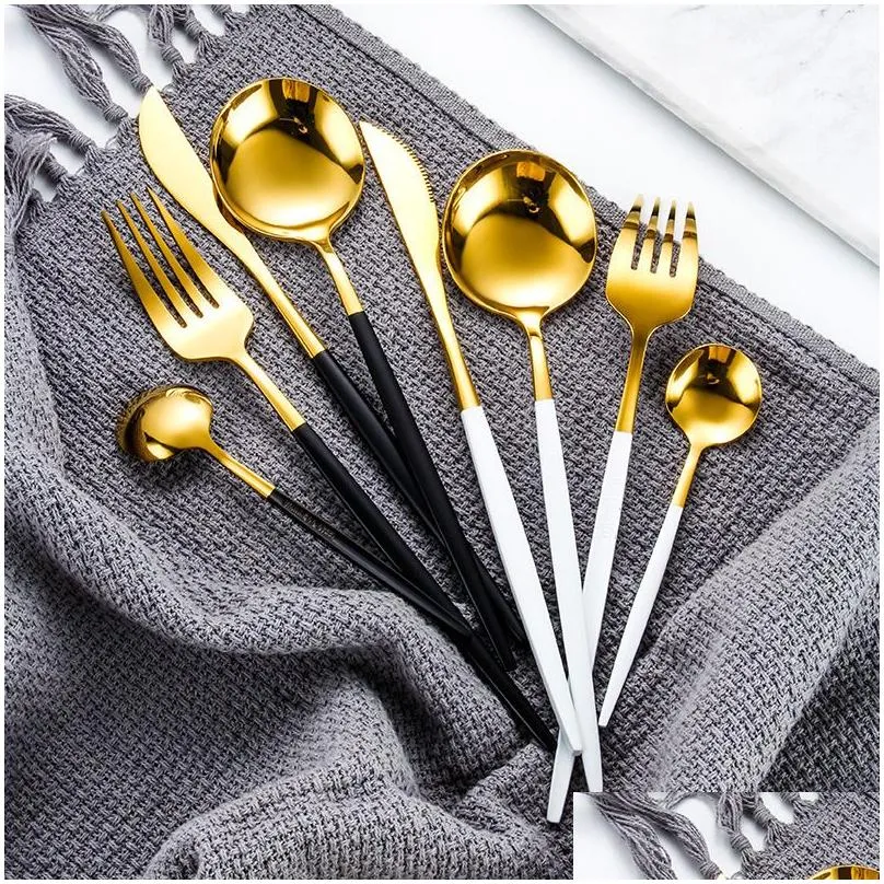 Dinnerware Sets Black Gold Dinnerware Set Stainless Steel Knife Fork Spoon Cutlery Tableware Sierware Drop 201128 Drop Delivery Home G Dhqsw