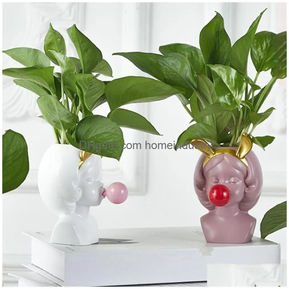 Planters & Pots Planters Pots Cute Girl Blowing Bubbles Succent Vinyl Flower For Home Tabletop Decor Resin Planter 230329 Drop Deliver Dhy6G