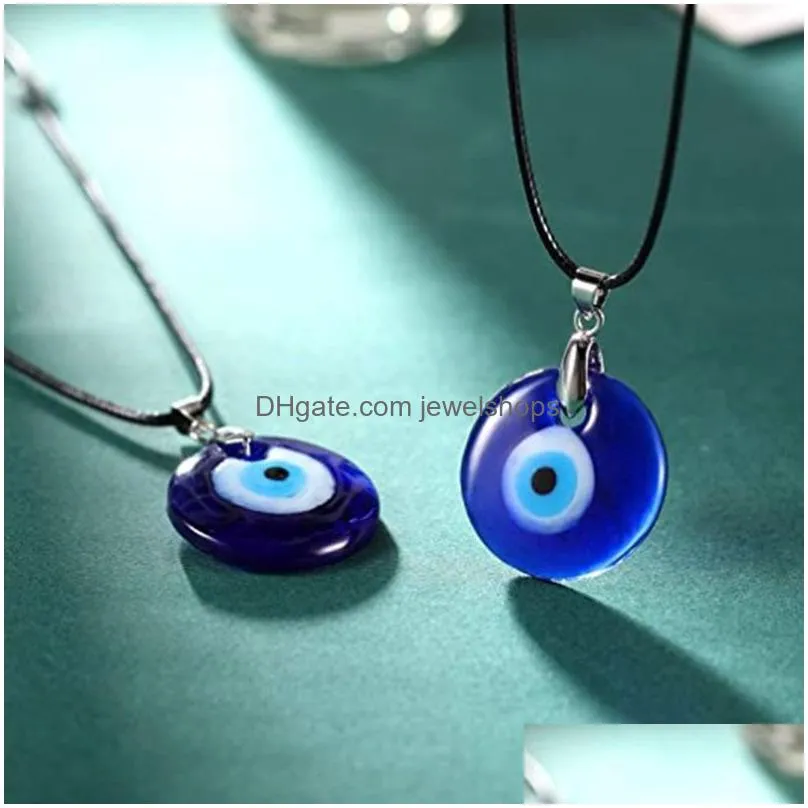 Pendant Necklaces Blue Evil Eye Pendant Necklace For Women Black Wax Cord Chain Men Choker Jewelry Lucky Amet Female Party Gift Drop D Dhoa8