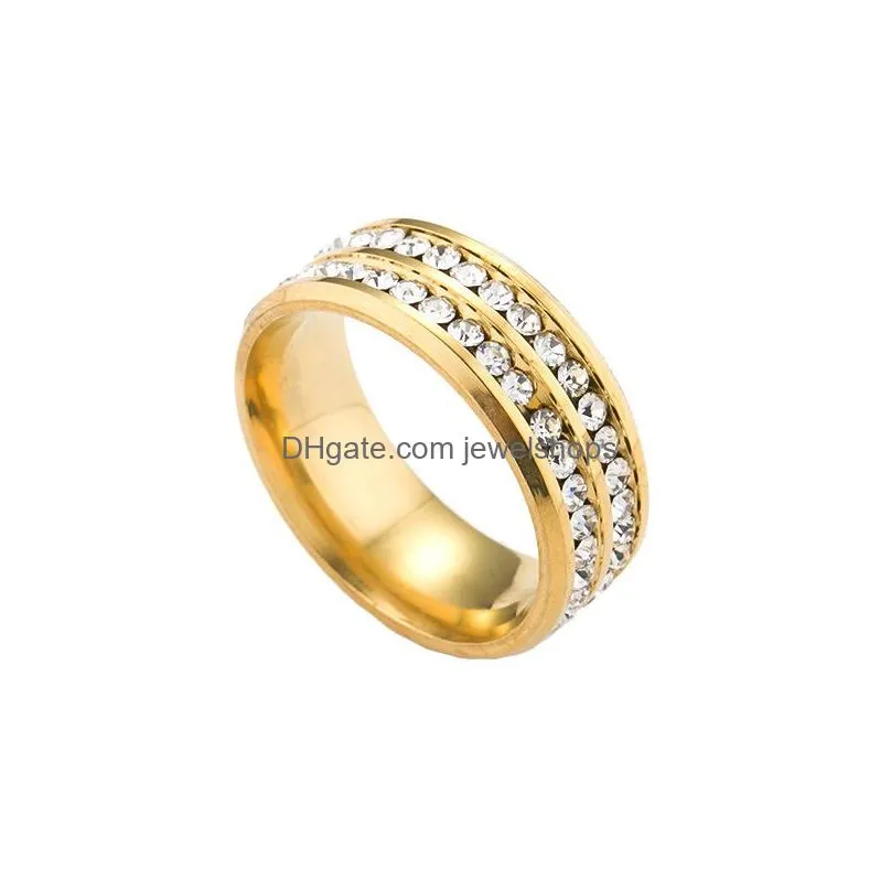 With Side Stones Korean Stainless Steel Rings 2 Row Fl Crystal Stones Rhinestone Diamond Tennis Wedding Ring For Women Fashion Jewelr Dh0F4