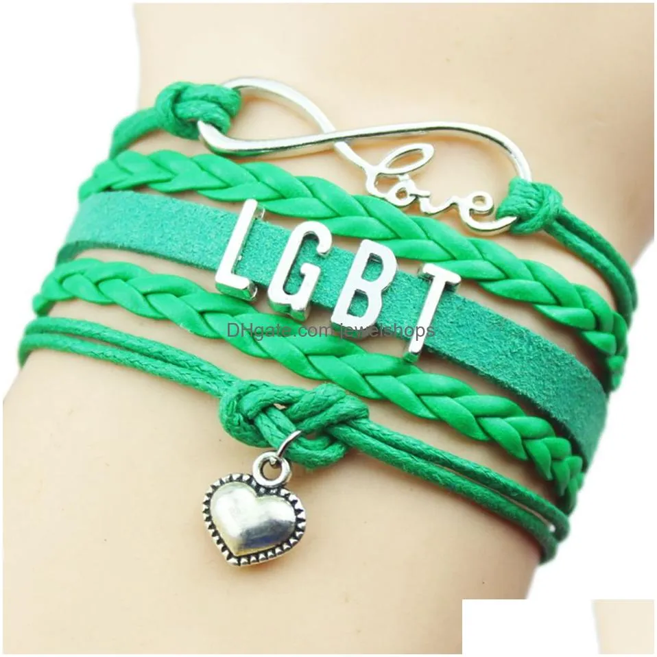 Charm Bracelets Fashion Lgbt Gay Lesbian Leather Wrap Bracelets Braided Rope Infinity Love Heart Charm Bangle For Women Men Friendshi Dh0Ae