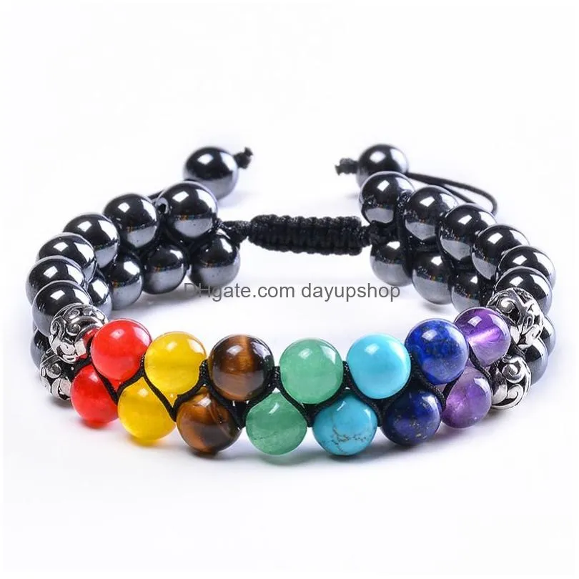 Chain 8Mm Yoga 7 Chakra Reiki Healing Crystal Gemstone Bracelet Hand Woven Double Layer Adjustable Beaded Lava Agate Bracelets Wristb Dhkr0