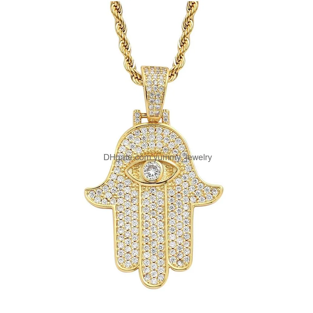 Other Jewelry Sets Cubic Zirconia Fatima Eye Hand Necklace Jewelry Set Bling Diamond Hip Hop 18K Gold Pendant Necklaces Women Men Sta Dhvpt