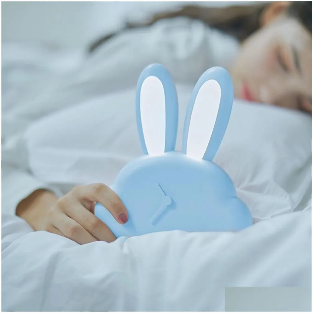 Night Lights Micro Usb Charging Cartoon Rabbit Led Human Body Induction Clock Night Light For Bedside Bedroom White / Blue Drop Delive Dhpvq