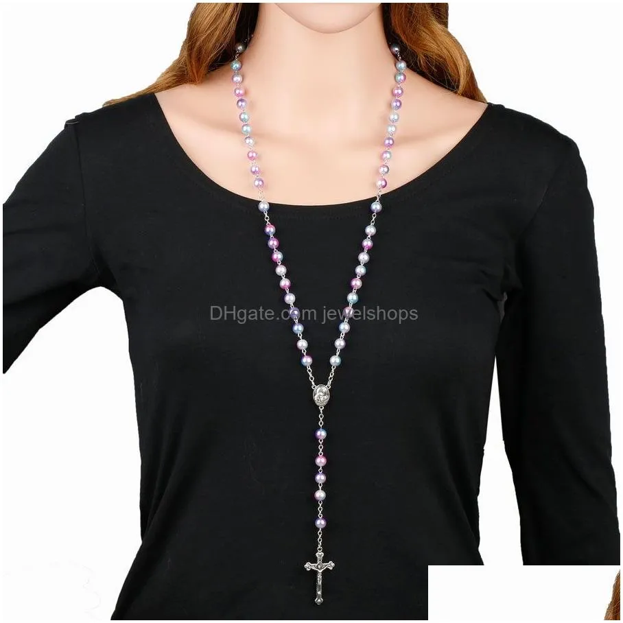 Pendant Necklaces 12 Colors Relin Rosary Necklace For Women Christian Virgin Mary Jesus Cross Pendant Long Beads Chains Fashion Jewelr Dh4Cz