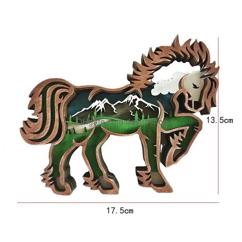 Other Home Decor 3D Laser Cut Horse Craft Wood Material Home Decor Gift Art Crafts Wild Forest Animal Table Decoration Statues Ornamen Dhhgo