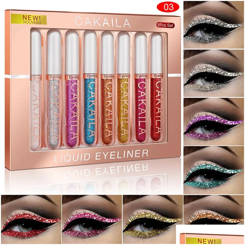 Eye Shadow/Liner Combination Eye Shadow Liner Combination Matte Eyeliner Set Or Glitter Shine Kit 8Pcs Box Color Makeup Colorf Eyelid Dhgn7