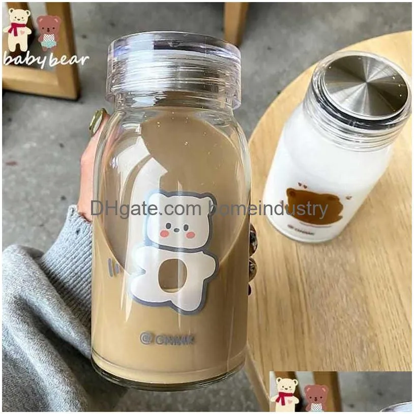 Water Bottles 450Ml Cartoon Bear Glass Water Bottle Thick Heat Resistance Drinking Bottles Cute Milk Coffee Tumblers For Student Girl Dheit
