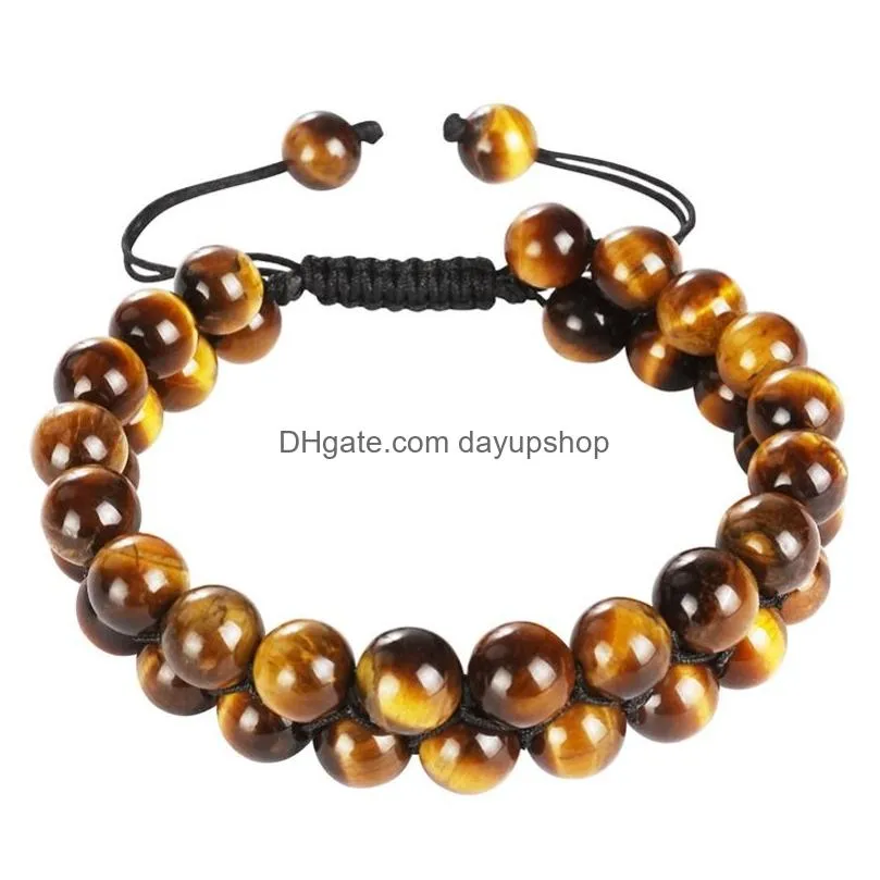 Chain 8Mm Double Layer Tiger Eye Bracelet Natural Stone Row Woven Adjustable Bracelets Wristband Bangle Cuff Women And Men Jewelry Dr Dhjwb