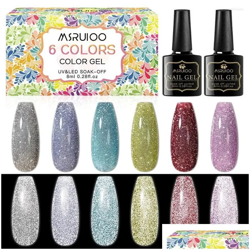 Nail Gel Msruioo 6Pcs/Set Reflective Glitter Polish 8Ml Sparkling Auroras Laser Varnish Long Lasting Top Base Coat Need Drop Delivery Dhttu