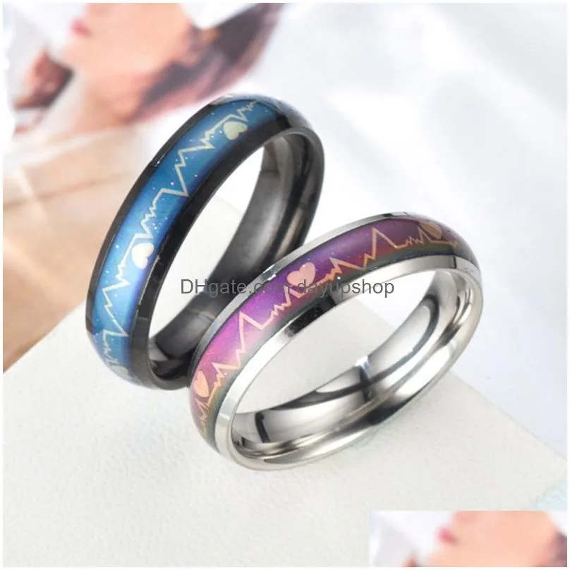 Band Rings Update Temperature Sensing Heartbeat Ring Band Stainless Steel Mood Rings For Women Mens Love Fashion Jewelry Drop Deliver Dhx6X