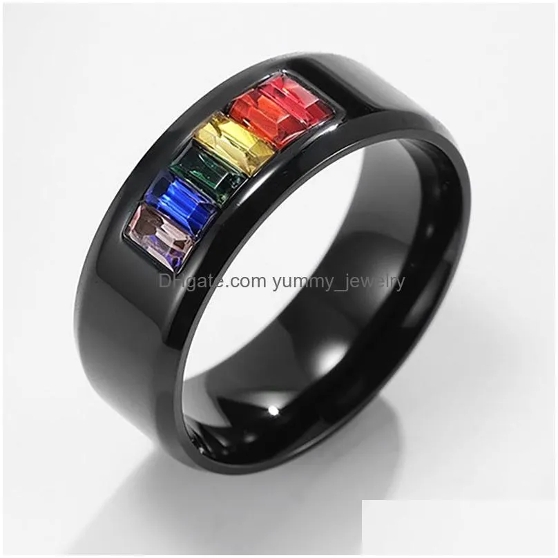 Band Rings Gay Ring Stainless Steel Rainbow Crystal Band Rings For Couple Men Women Fashion Jewelry Valentine Gift Drop Delivery Jewe Dhoeg