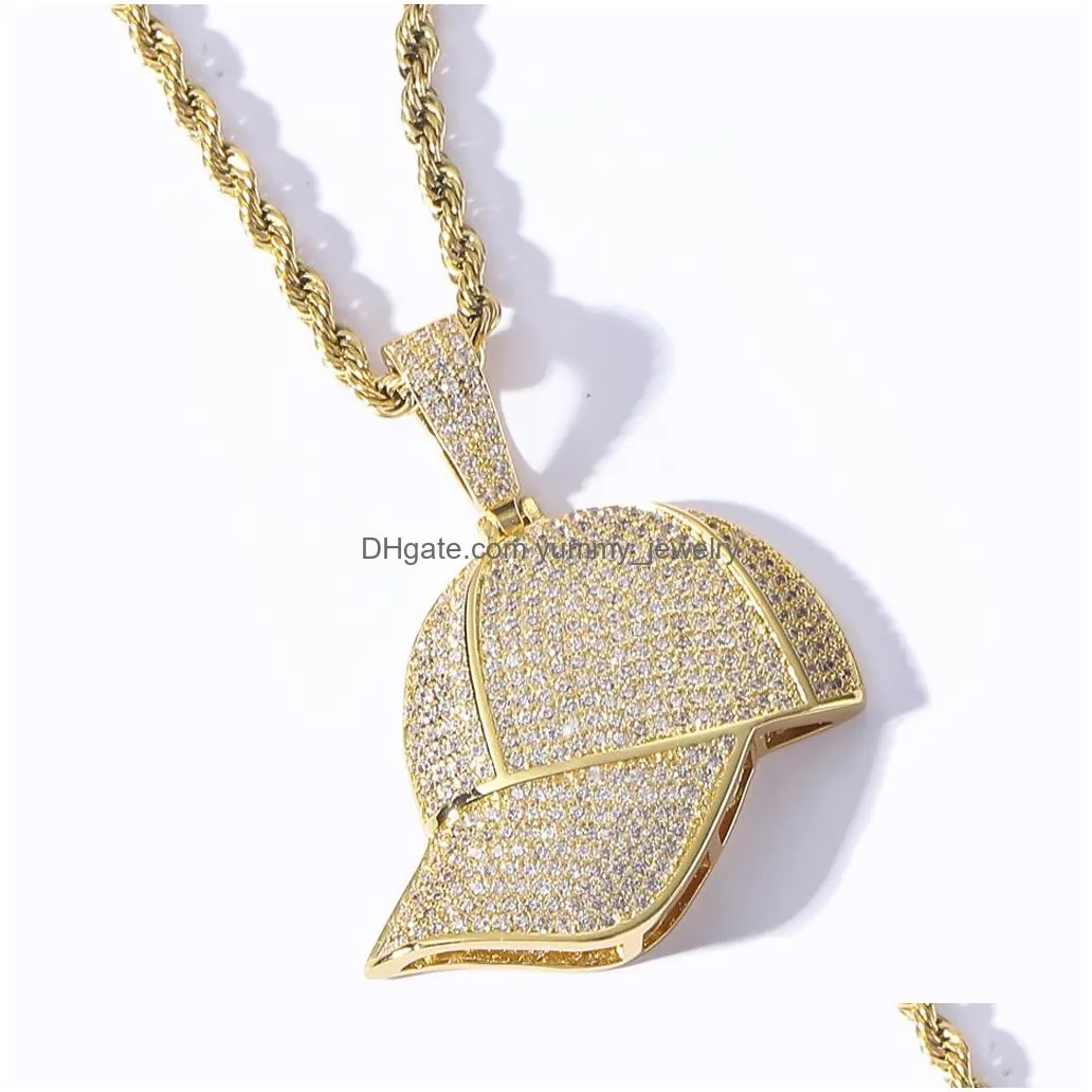 Pendant Necklaces 18K Gold Cubic Zirconia Baseball Hat Necklace Jewelry Set Bling Diamond Hip Hop Summer Hats Pendant Necklaces Women Dh2Rw