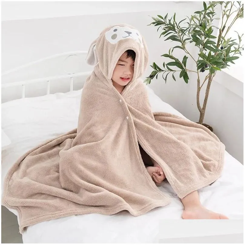 Towels & Robes Towels Robes Childrens Cloaked Bath Towel Coral Fleece Veet Soft Washcloth Thicken Bathrobe With Cap Infant Accessories Dhshl