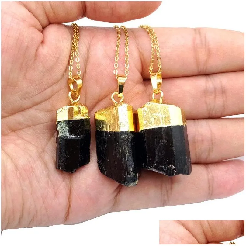 Pendant Necklaces Jln Irregar Black Tourmaline Pendant Gold Sier Plated Rough Dark Crystal Stone With Brass Chain Necklace Gift For Me Dhdrz
