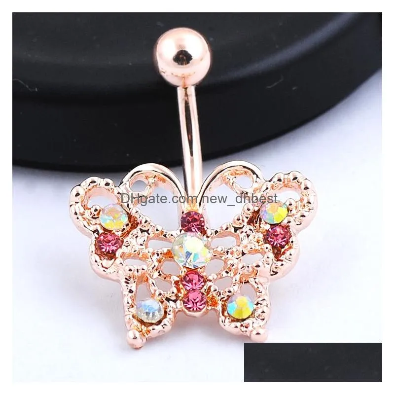 Navel & Bell Button Rings Top Quality Dangle Belly Button Ring Rose Gold Bar Body Jewelry Butterfly Navel Piercing For Y Women Luxury Dhlnq