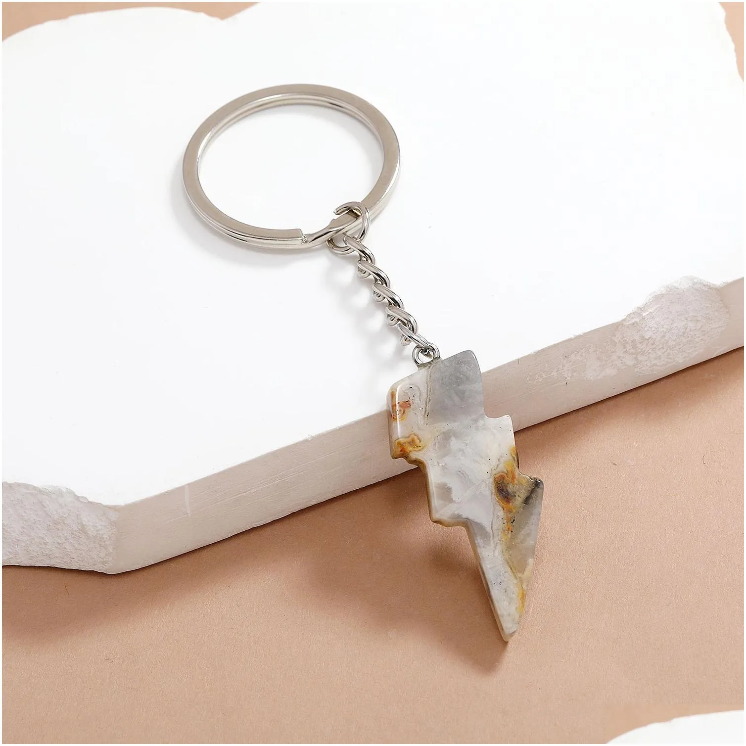 Key Rings Punk Lightning Shape Pendant Key Ring Opal Crystal Natural Stone Gem Keychain For Women Men Personality Accessories Drop De Dh1Z4