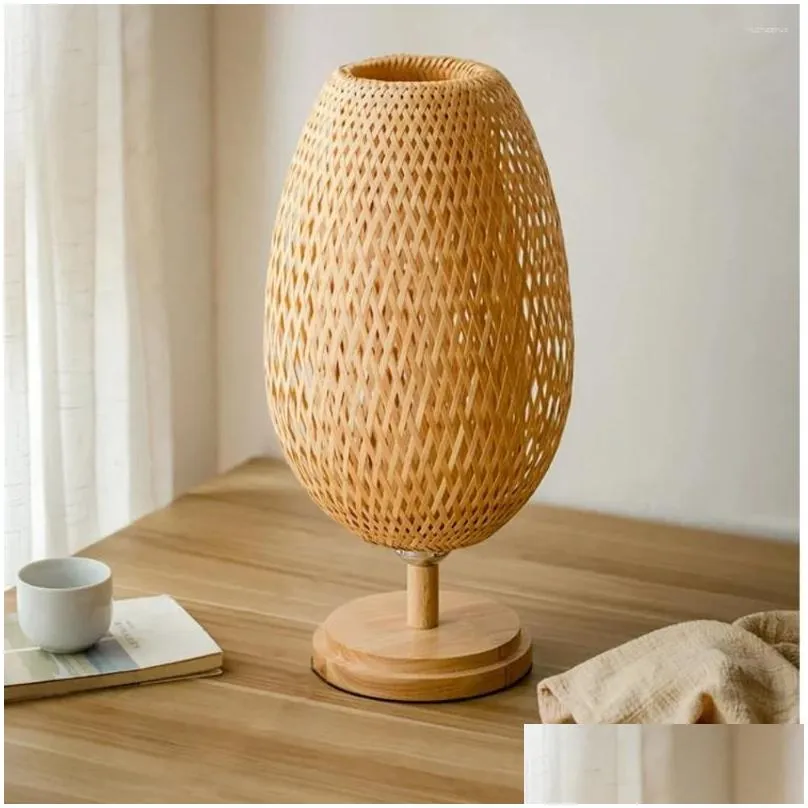 Table Lamps Small Rattan Lamp Beside Vintage Wicker Wooden Nightstand Boho Bamboo Woven End For Bedroom Living Drop Delivery Lights Dh6Iz