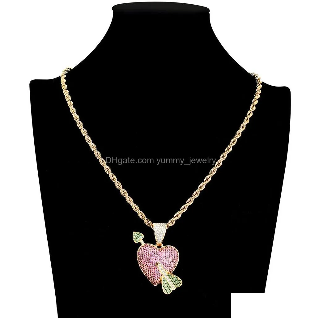 Other Jewelry Sets 18K Gold Cubic Zirconia Arrow Pierced Heart Necklace Jewelry Set Bling Iced Out Love Pendant Hiphop Necklaces Wome Dhlrc