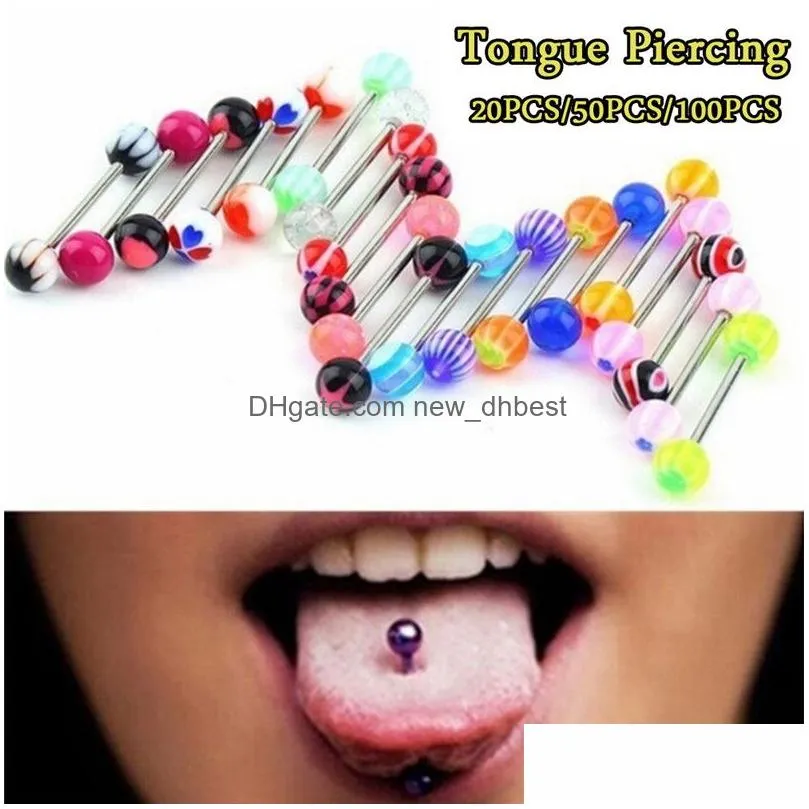 Tongue Rings 100Pcs/Lot Body Jewelry Fashion Mixed Colors Tongue Tounge Rings Bars Barbell Piercing Drop Delivery Jewelry Body Jewelr Dh2Wr