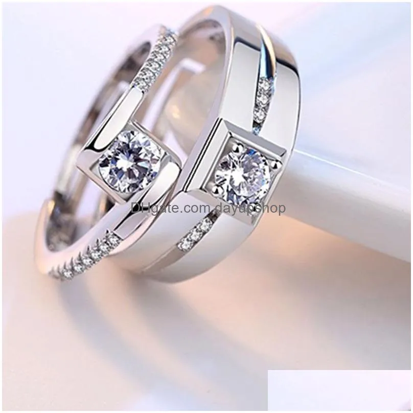 Solitaire Ring Update Cubic Zircon Diamond Ring Solitaire Adjustable Sier Engagement Wedding Couple Rings Mens Drop Delivery Jewelry Dhcv7