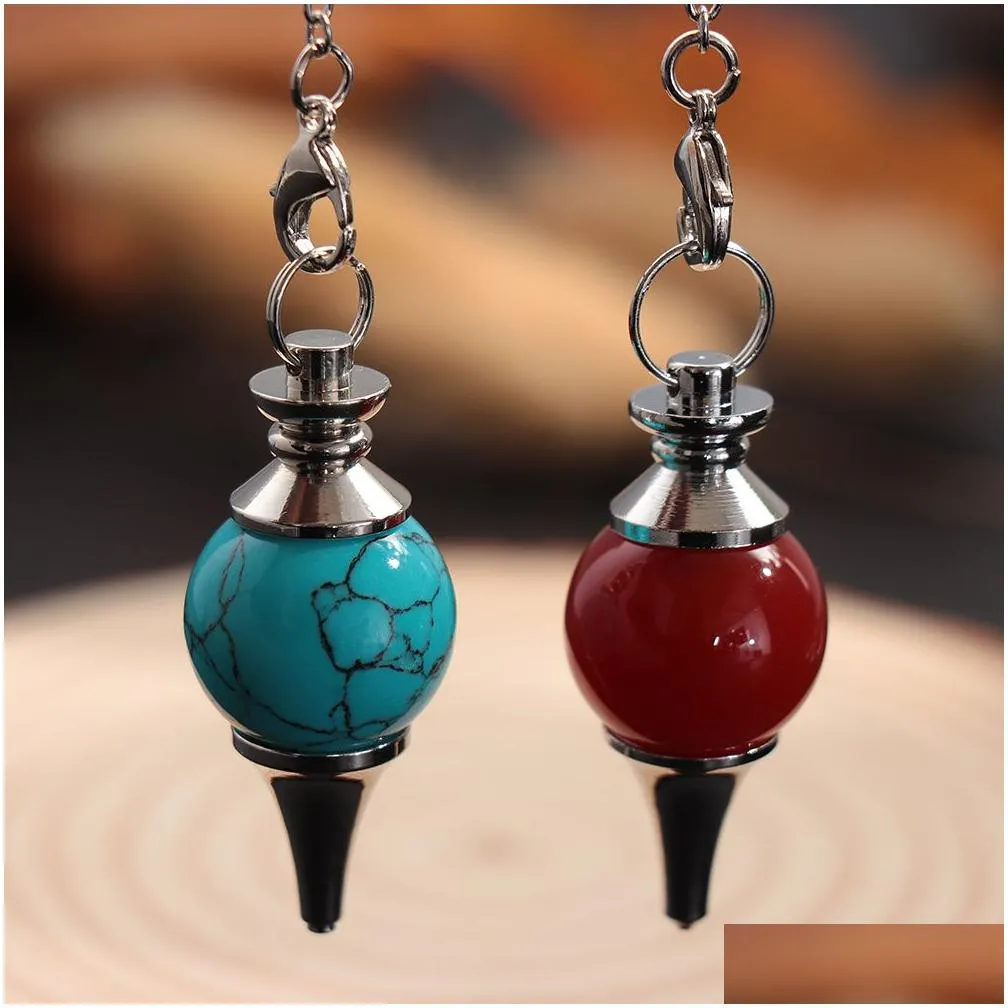 Pendant Necklaces Jln Dowsing Pendum Nce Reiki Natural Stone Crystal Red Agates Circar Cone Charm Pendant For Men Women Divination Med Dhsjq