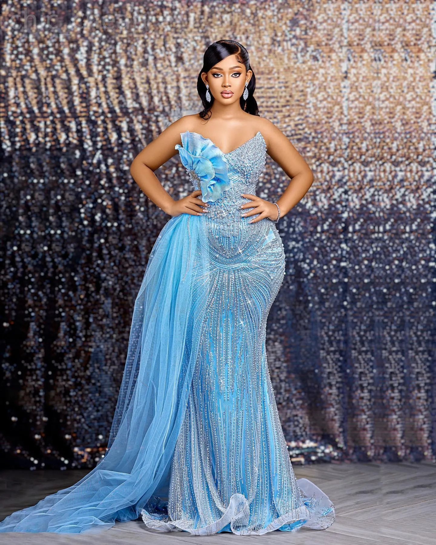 2024 Aso Ebi Sky Blue Mermaid Prom Dress For Black Women Sequined Evening Formal Party Second Reception 50th Birthday Engagement Gowns Dresses Robe De Soiree ZJ172