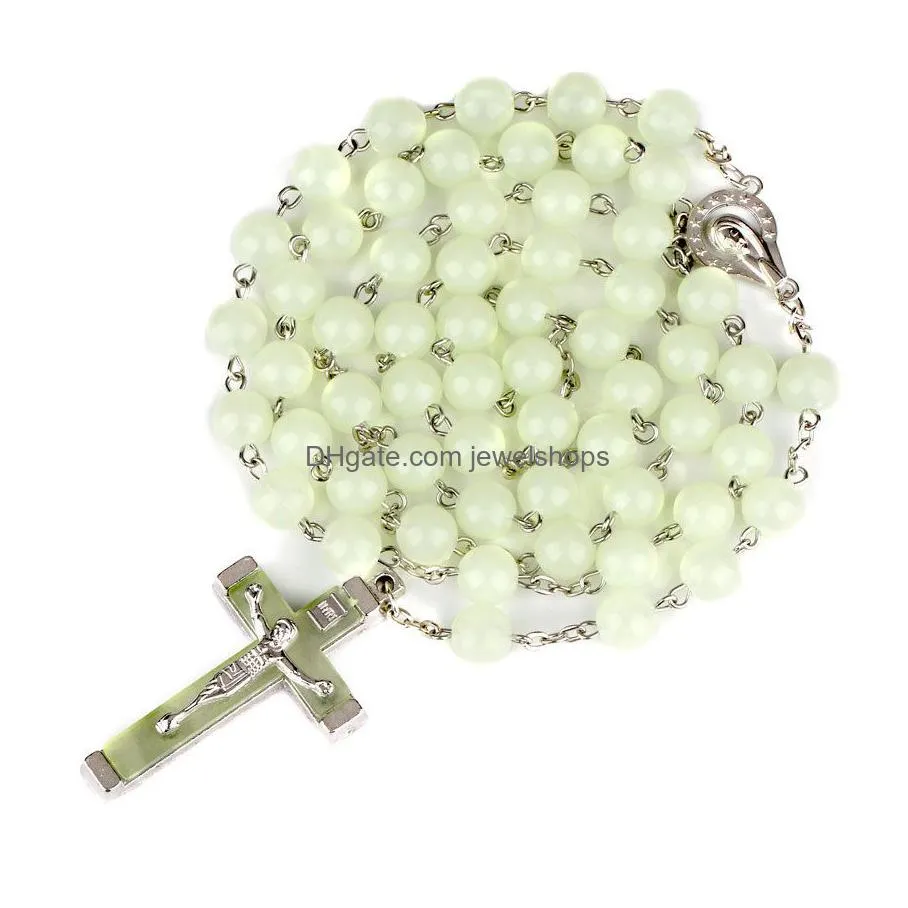 Pendant Necklaces Glow In The Dark Cross Rosary Necklace For Women Luminous Catholic Beads Relius Jesus Crucifix Pendant Jewelry Drop Dhek1