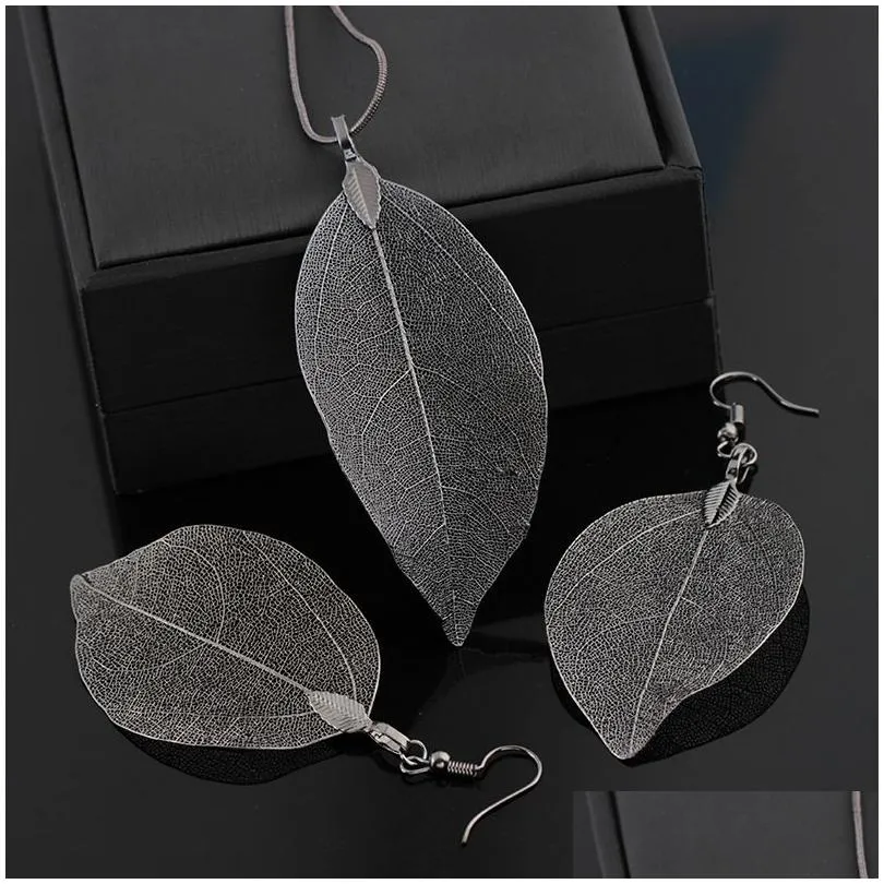 Earrings & Necklace Leaf Design Jewelry Sets Necklace Earrings Set For Women Girls Lady Sier Rose Gold Black Fashion Pendant Charm Su Dhsal