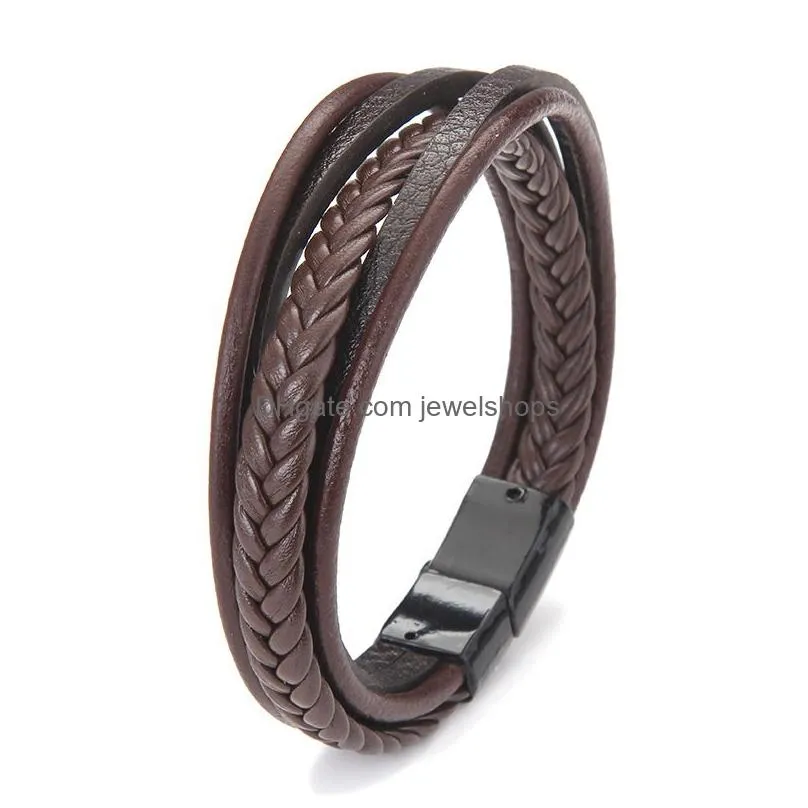 Charm Bracelets New Classic Mti Layer Leather Bracelet For Men Vintage Braided Rope Wristband Magnetic Clasp Mens Fashion Jewelry Gif Dhnka