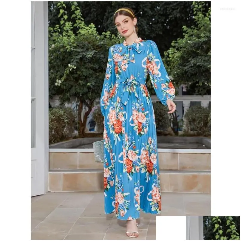Ethnic Clothing Women Floral Print Long Sleeve Maxi Dress Tie Pleated Belted Dresses Spring Summer Holiday Party Gown Kaftan Muslim D Dhxj4