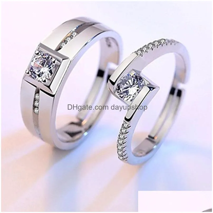 Solitaire Ring Update Cubic Zircon Diamond Ring Solitaire Adjustable Sier Engagement Wedding Couple Rings Mens Drop Delivery Jewelry Dhcv7