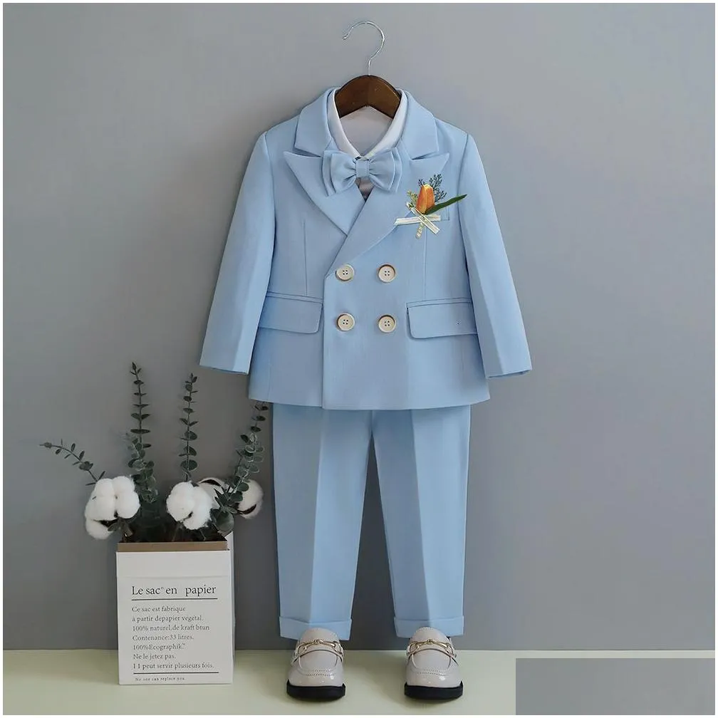 Suits Child Fomal Dress Suit Set British Style Baby Boys Wedding Birthday Party Performance Costume Kids Blazer Pants Bowtie Clothes Dhbvr