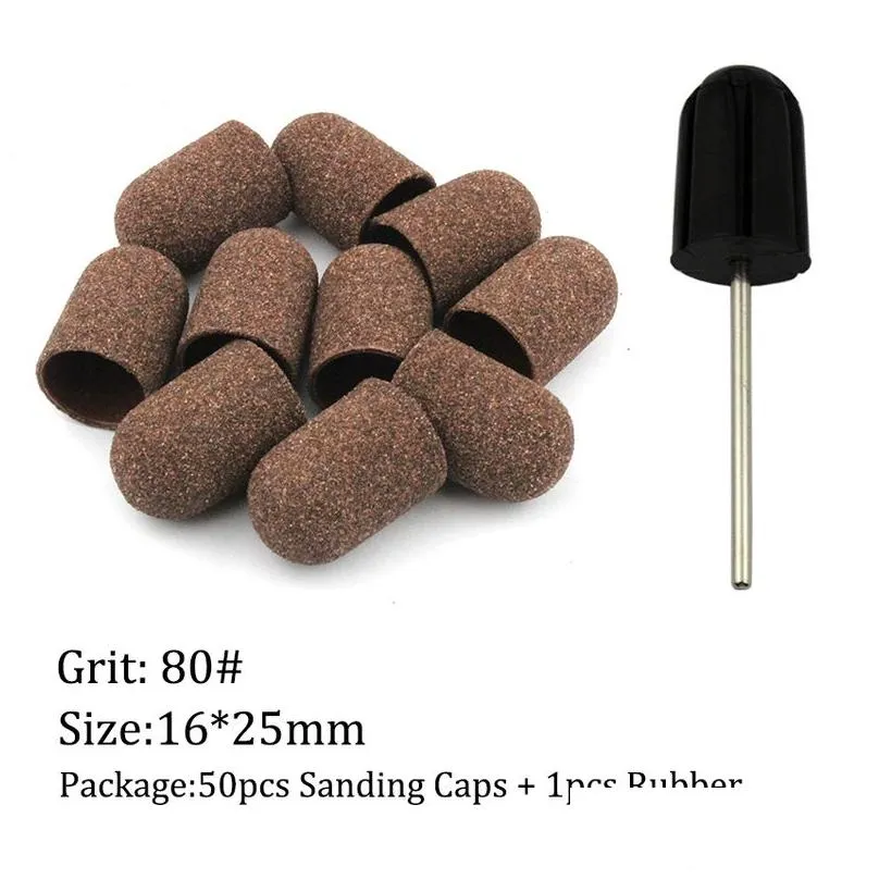 Nail Art Equipment 50Pcs/Set 80 Grit Nail Sanding Caps Rubber Grip Pedicure Polishing Sand Block Electric Drill Accessories Bit Manicu Dhenw