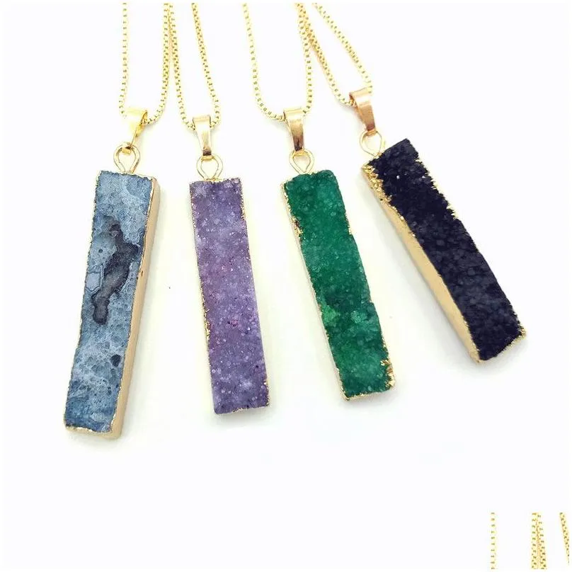 Pendant Necklaces Jln Druzy Agate Long Bar Rec Pendant Geode Quartz Stone Pendants With Brass Chain Jewelry For Men Drop Delivery Jewe Dh8Ng